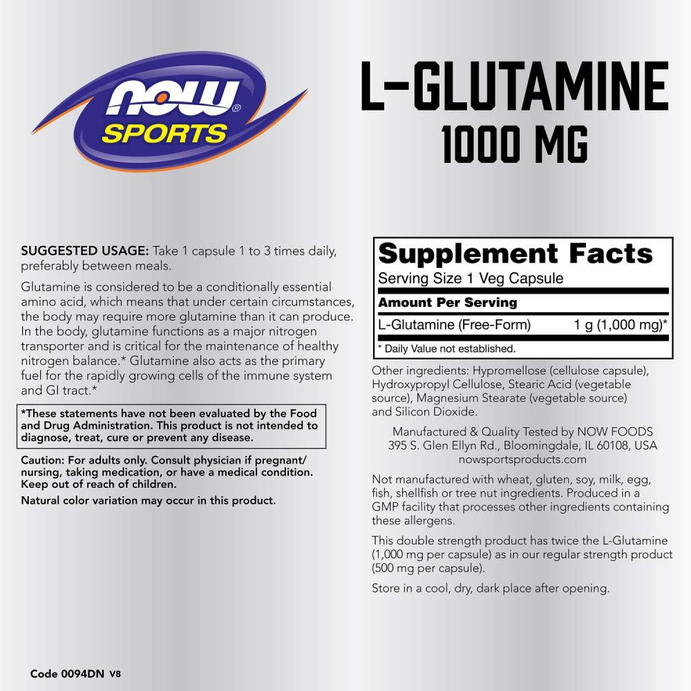 NOW Foods L-Glutamine — Étiquette claire affichant le nom et le dosage.