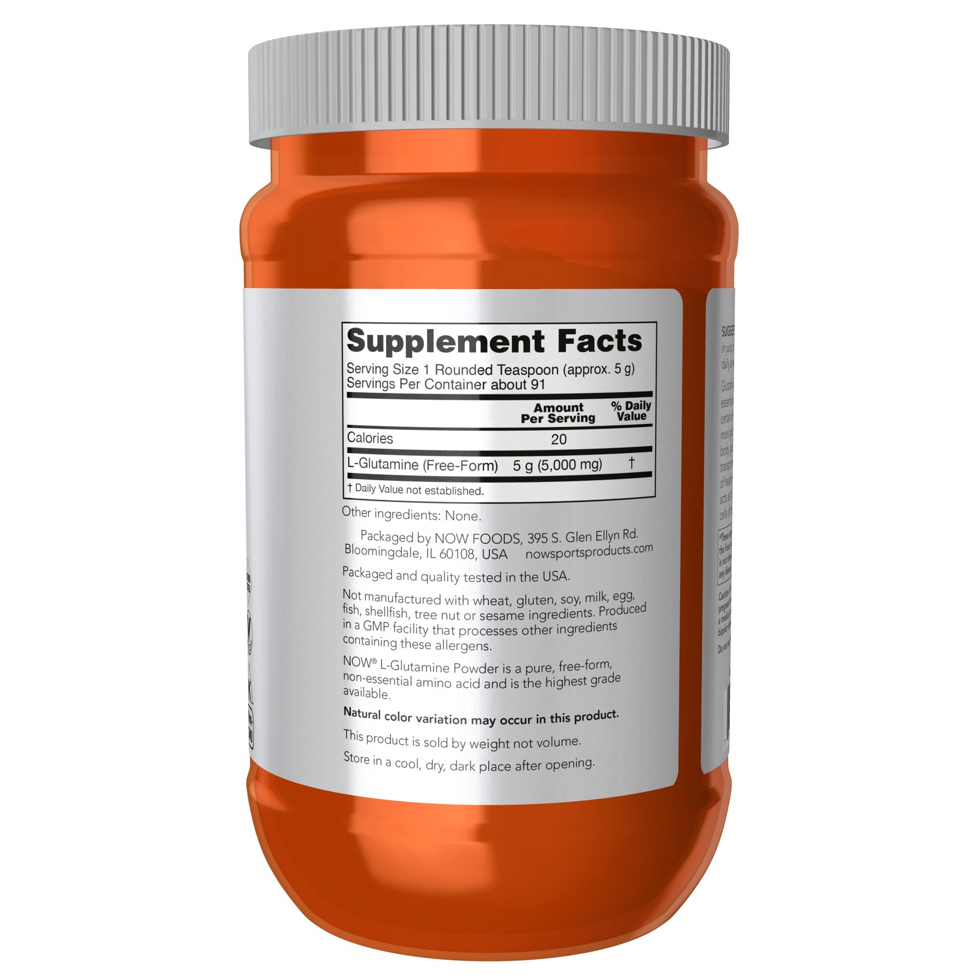NOW Foods L-Glutamine poudre, verre doseur, aide à mesurer facilement les apports après l'entraînement