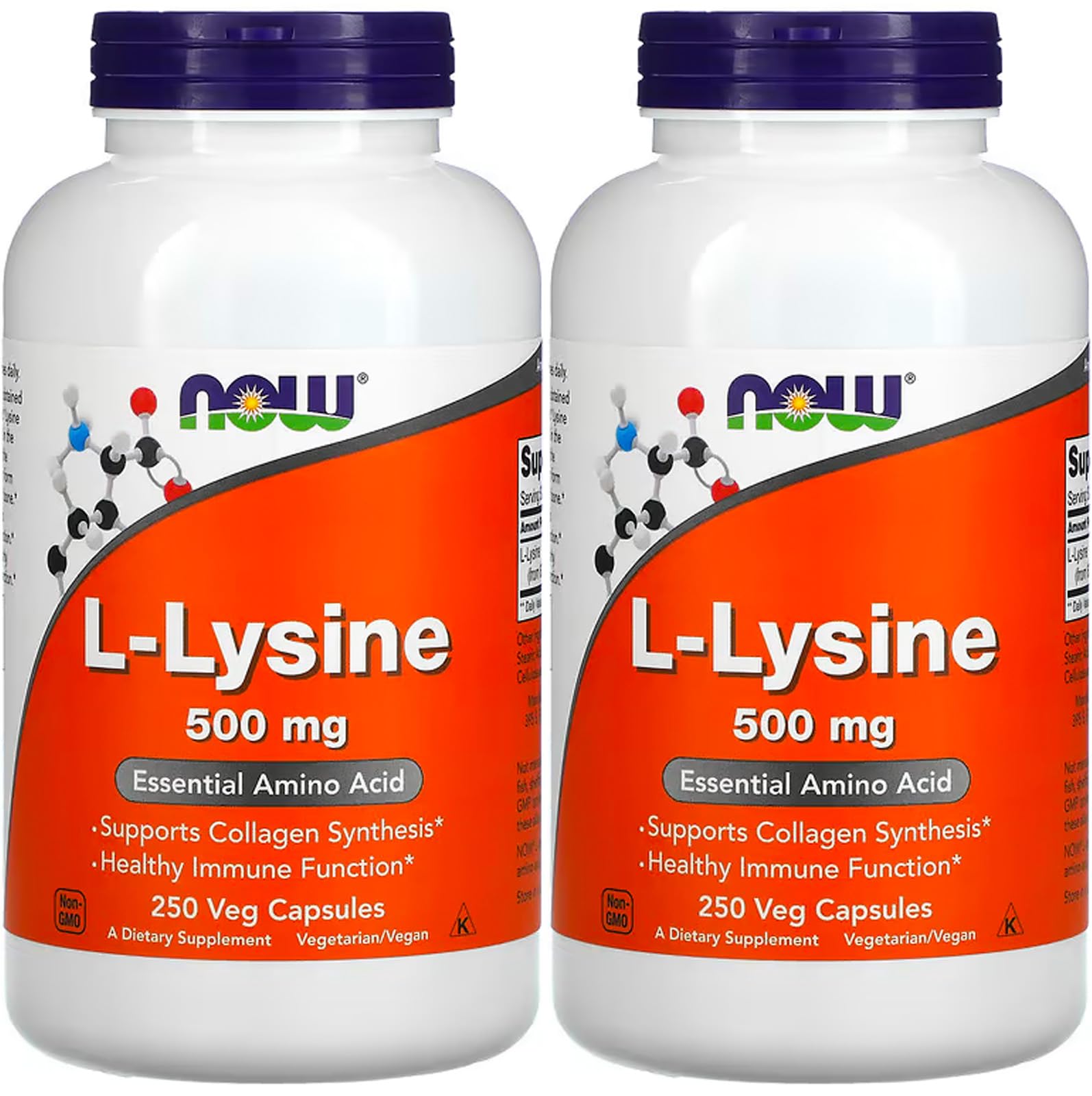 NOW Foods L-Lysine 500 mg gélules, boîte pack-2, soutient potentiellement la synthèse des protéines.