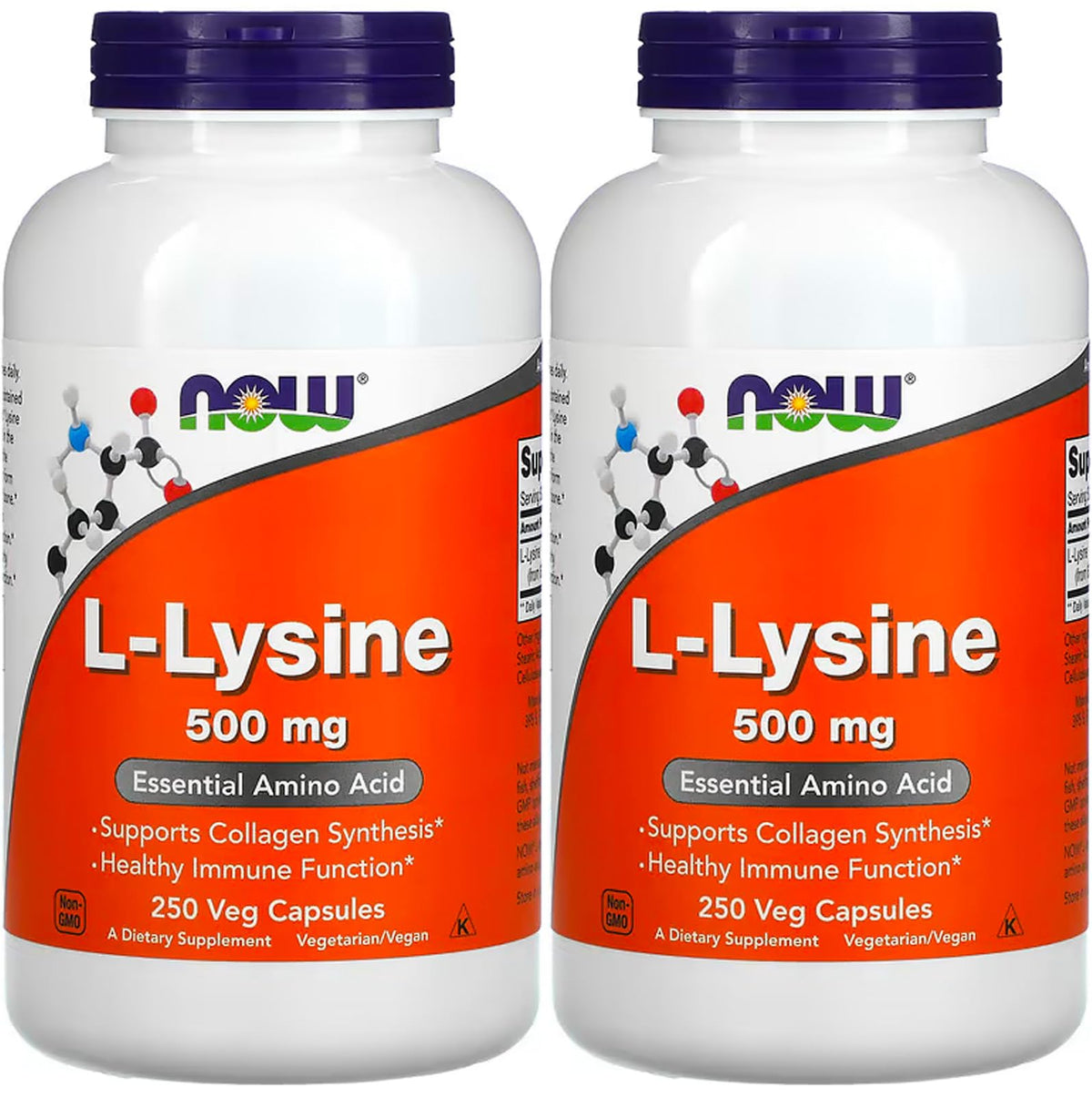 NOW Foods L-Lysine 500 mg gélules, boîte pack-2, soutient potentiellement la synthèse des protéines.