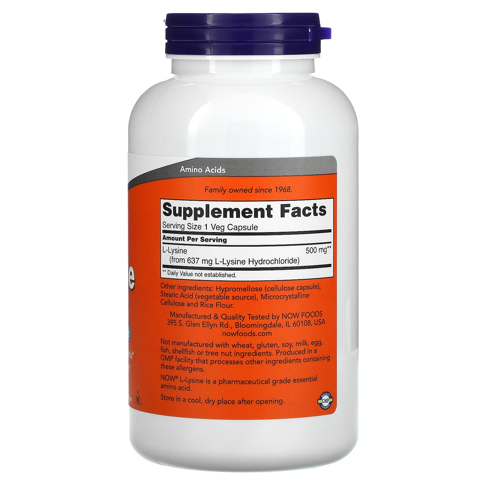 NOW Foods L-Lysine 500 mg gélules, soutien potentiel du système cardiovasculaire.