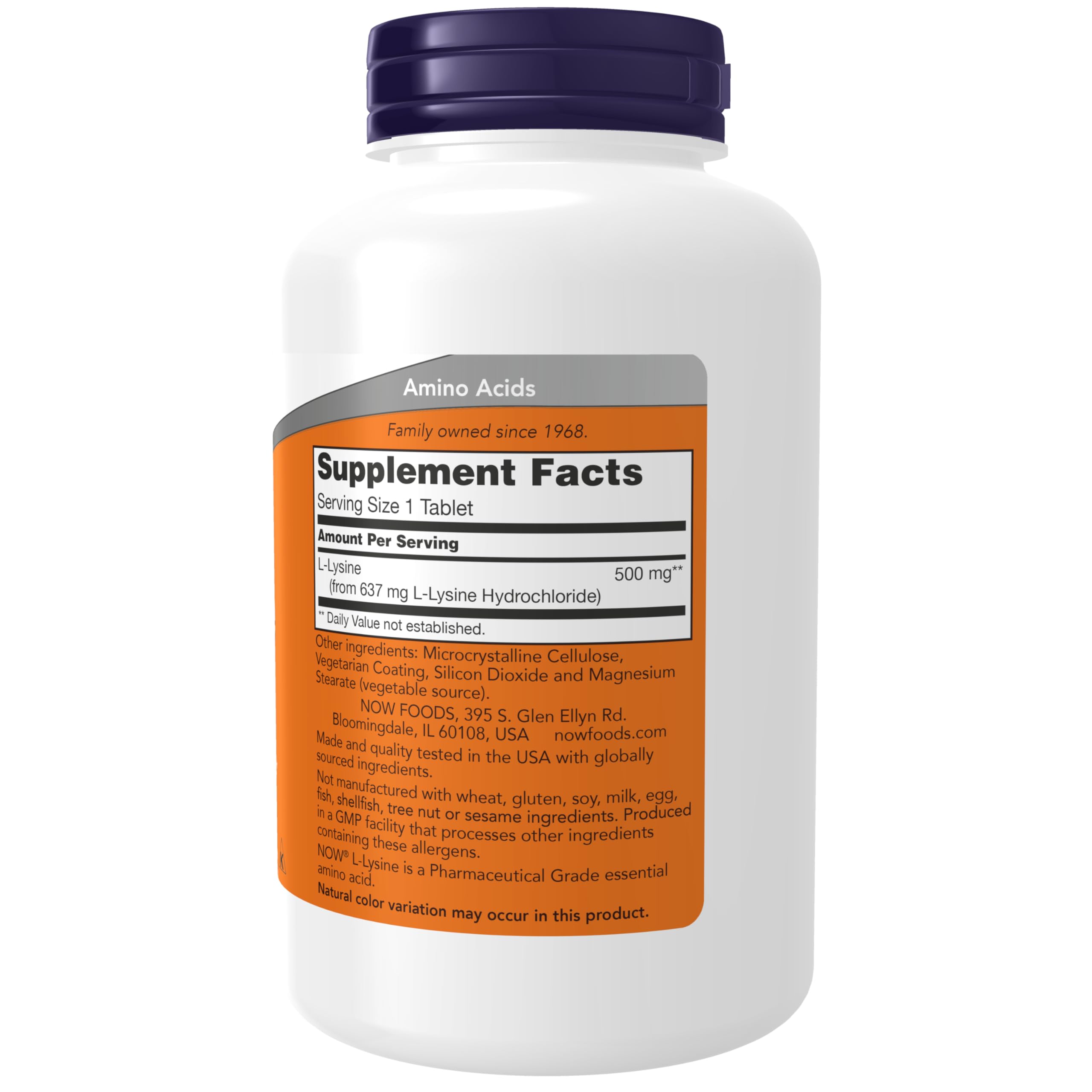 Étiquette NOW Foods L-Lysine avec détails des ingrédients et conseils d'utilisation.