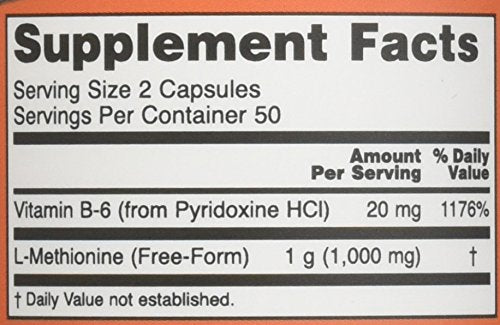 NOW Foods L-Méthionine 500 mg, bouteille, dosage quotidien pratique.