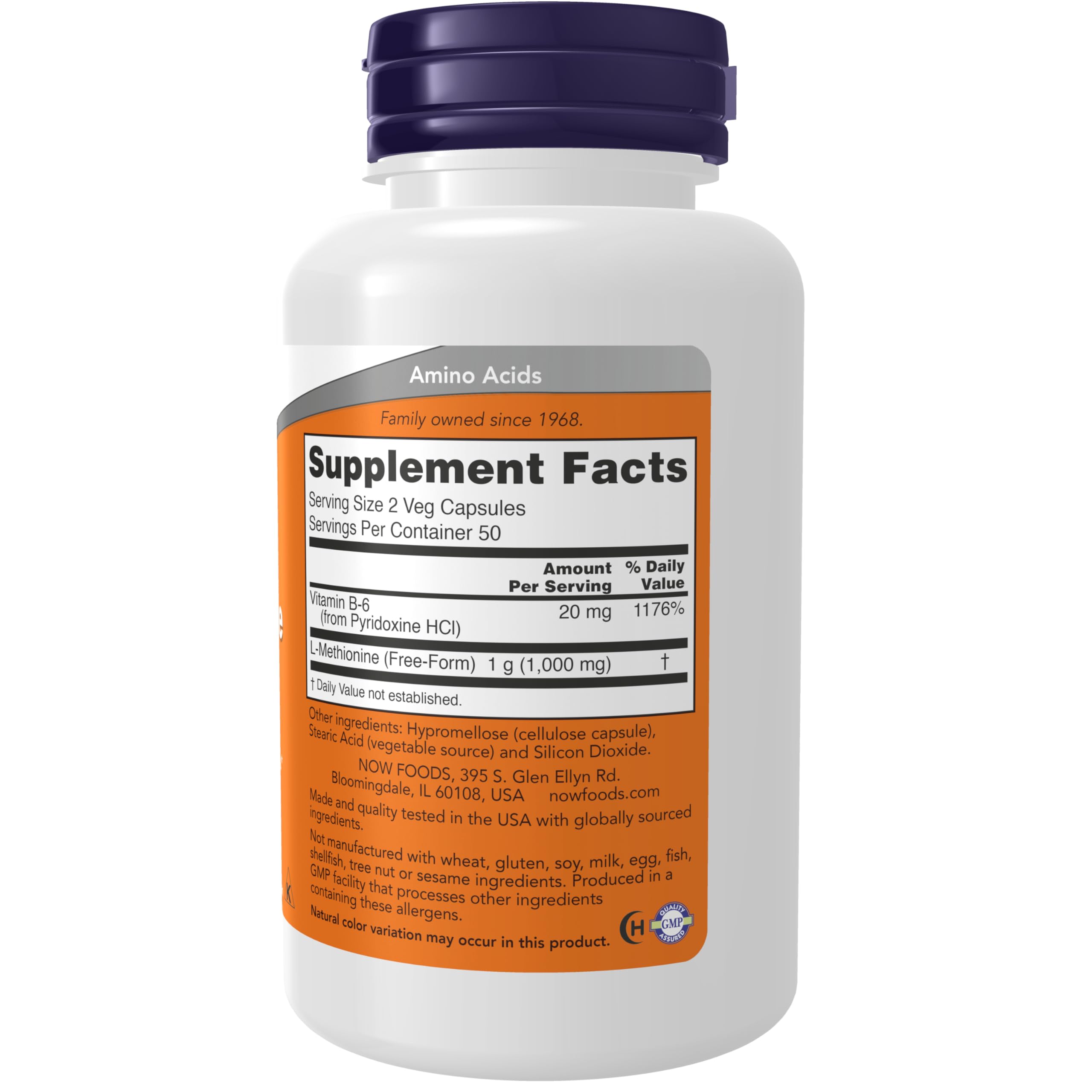 NOW Foods L-Méthionine, étiquette nutritionnelle indiquant vitamine B6 et ingrédients.