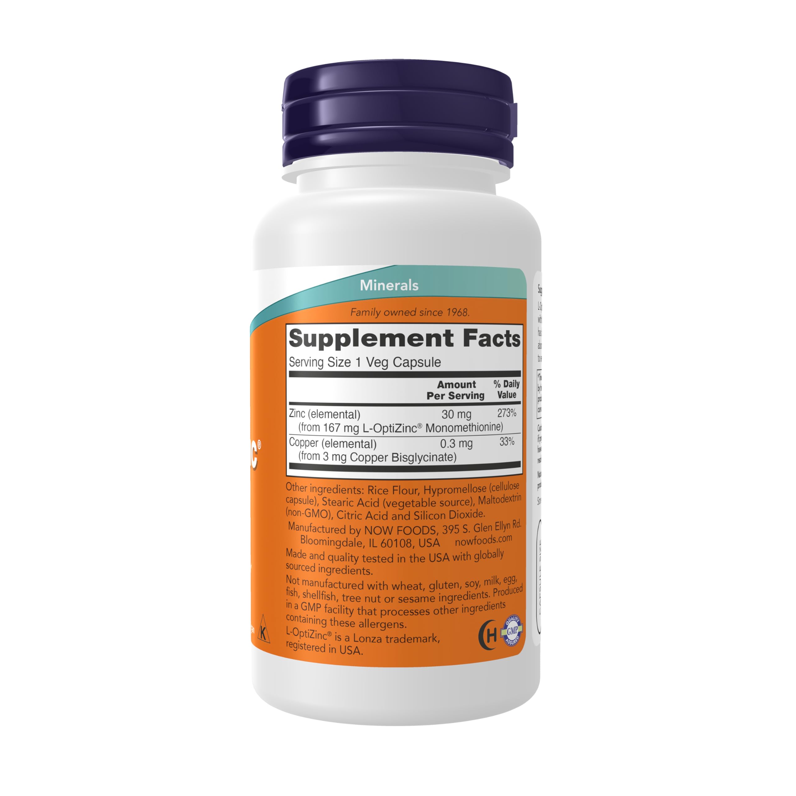 Étiquette NOW Foods L-OptiZinc 30 mg avec informations claires.