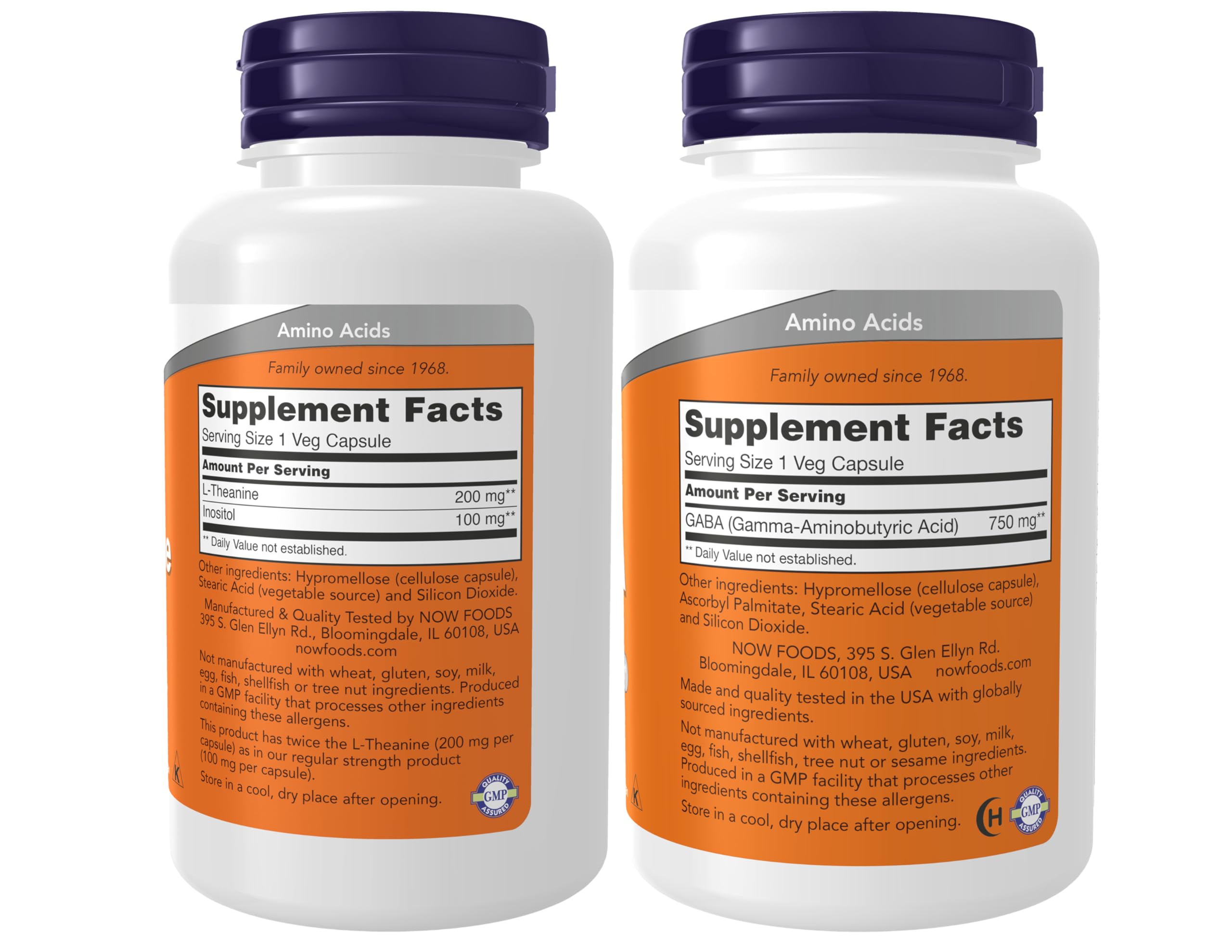 NOW Foods L-Theanine 200 mg Inositol capsules vegetales visibles