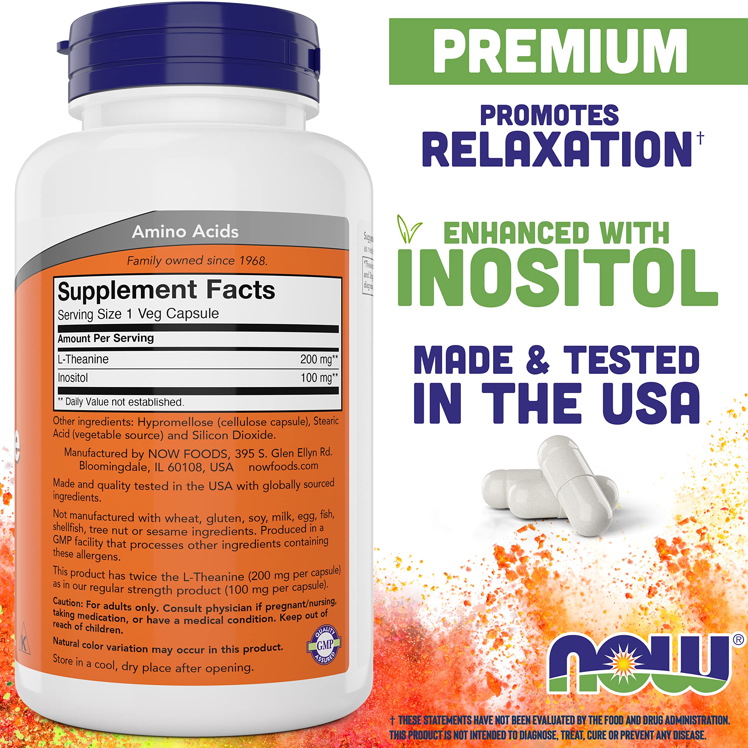 Bouteille NOW Foods L-Theanine 200 mg, 180 capsules, routine pratique.