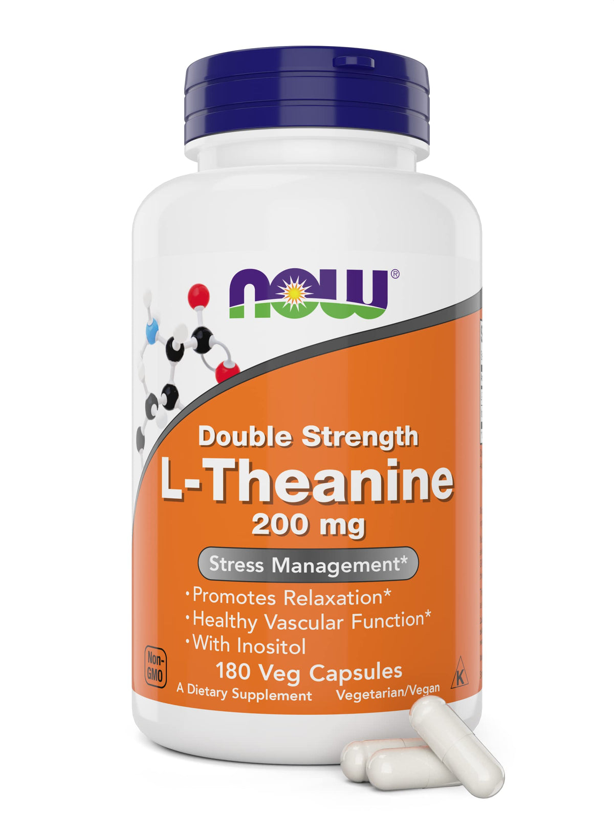 NOW Foods L-Theanine 200 mg en capsules, détente potentielle sans somnolence.