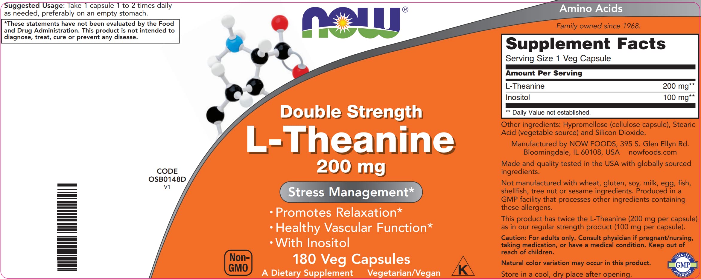 Étiquette végétalienne et sans OGM sur NOW Foods L-Theanine 200 mg.