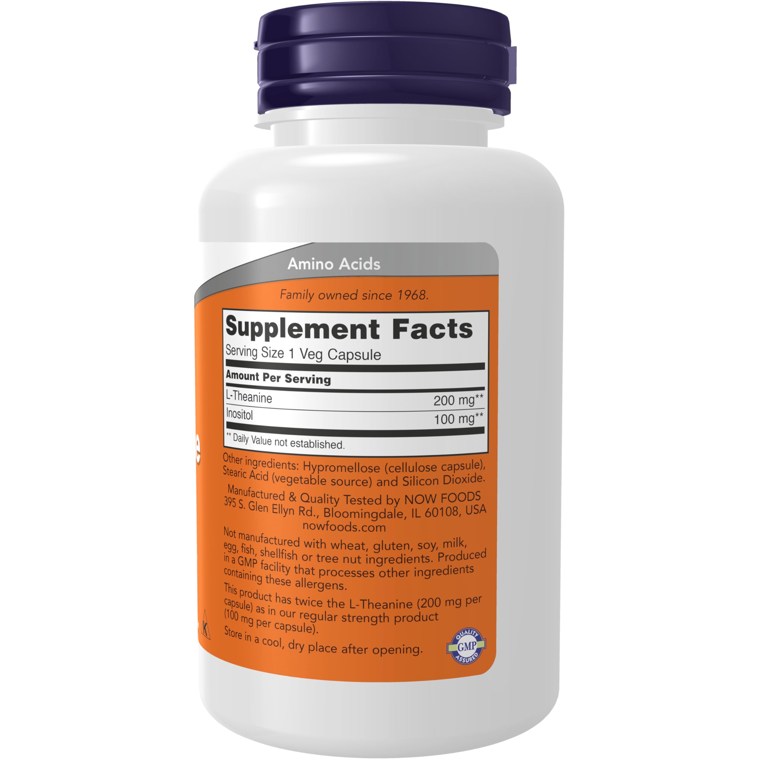 NOW Foods L‑Théanine 200 mg avec Inositol, capsules véganes: relaxation et concentration soutenue.