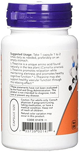Capsules NOW Foods L-Theanine utilisées au quotidien pour relaxation potentielle