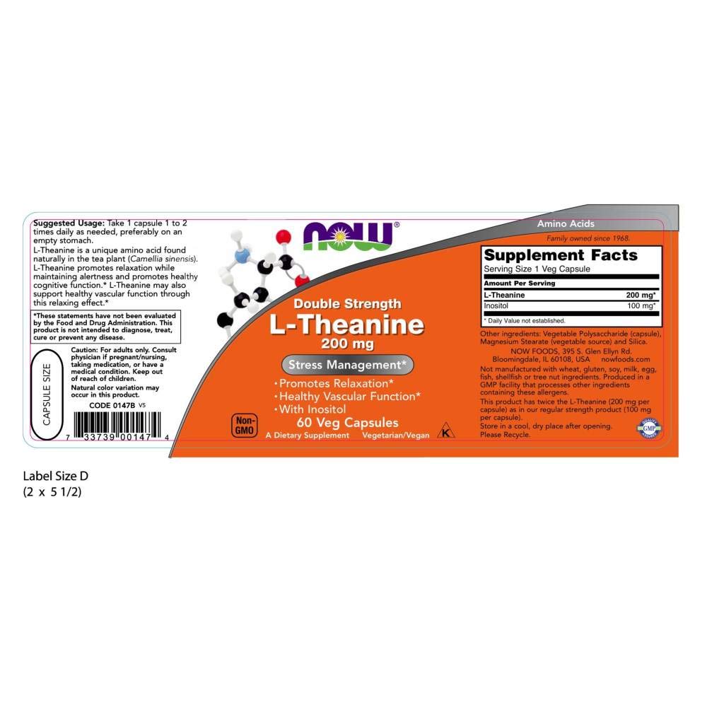 Étiquette NOW Foods L-Theanine avec Inositol, soutien potentiel au cerveau et au système nerveux