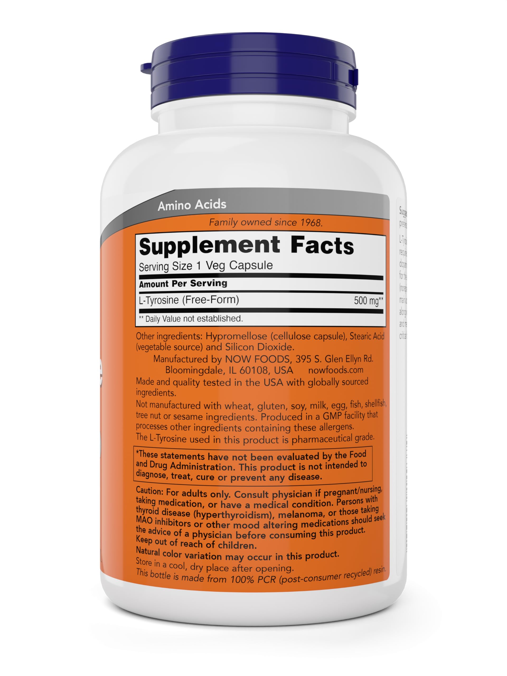 NOW Foods L-Tyrosine 500 mg gélules — bouteille 300 sans OGM et soutien potentiel de l'humeur.