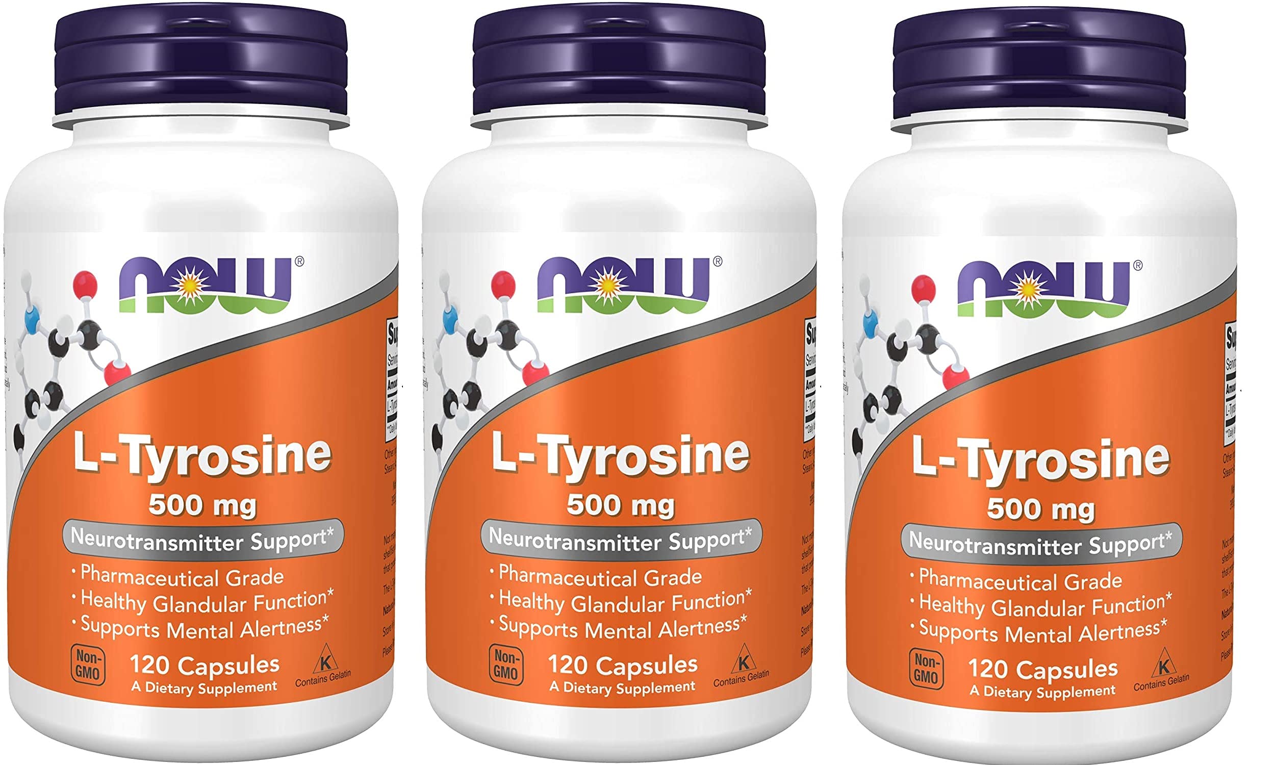 NOW Foods L-Tyrosine 500 mg – pack de 3 capsules, favorise un fonctionnement glandulaire sain