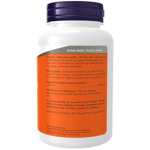 NOW Foods L-Tyrosine, capsules visibles prêtes à avaler entre les repas.
