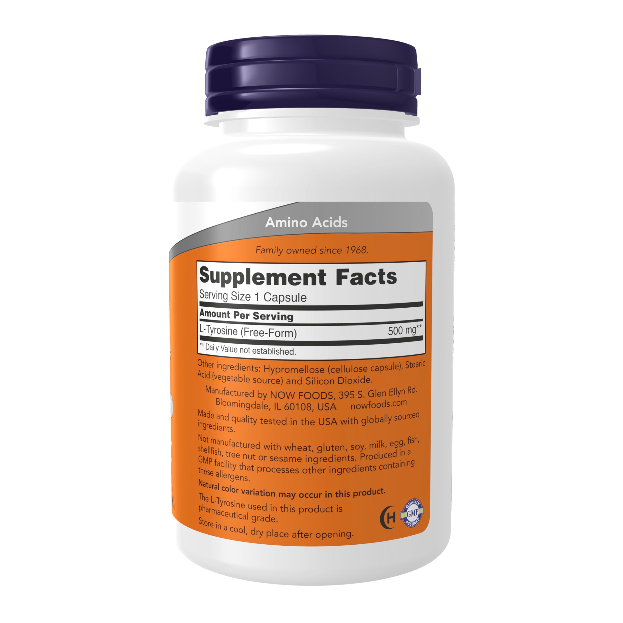 Capsules NOW Foods L-Tyrosine visibles, facilitent la concentration au quotidien.