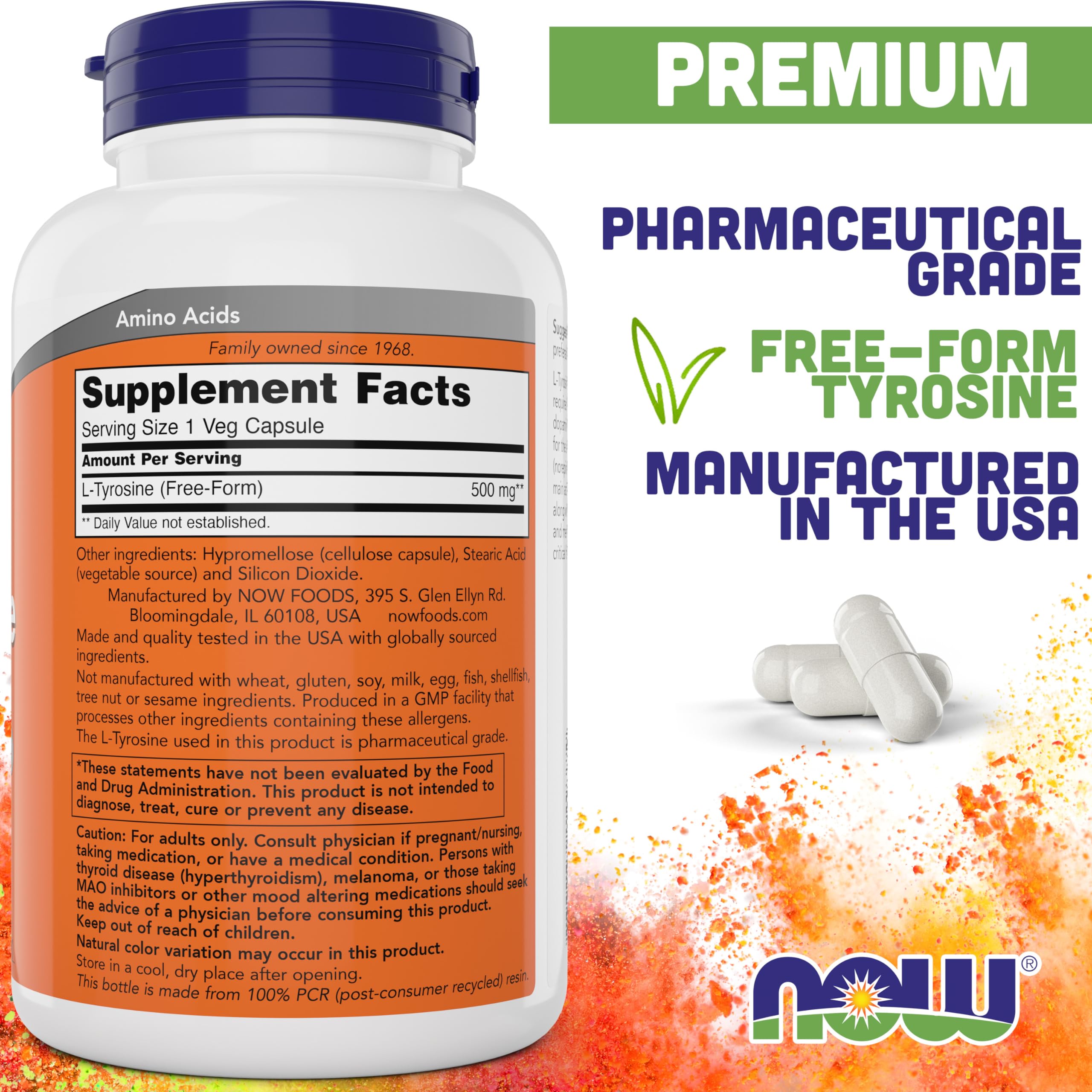NOW Foods L-Tyrosine, emballage avec logo des États-Unis, qualité et traçabilité