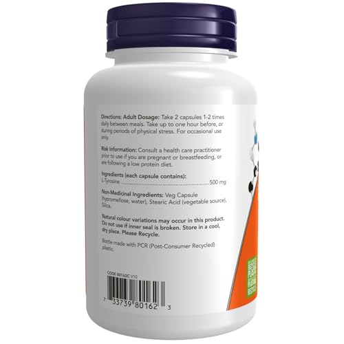 NOW Foods L-Tyrosine 500 mg, étiquette claire et sans gluten.