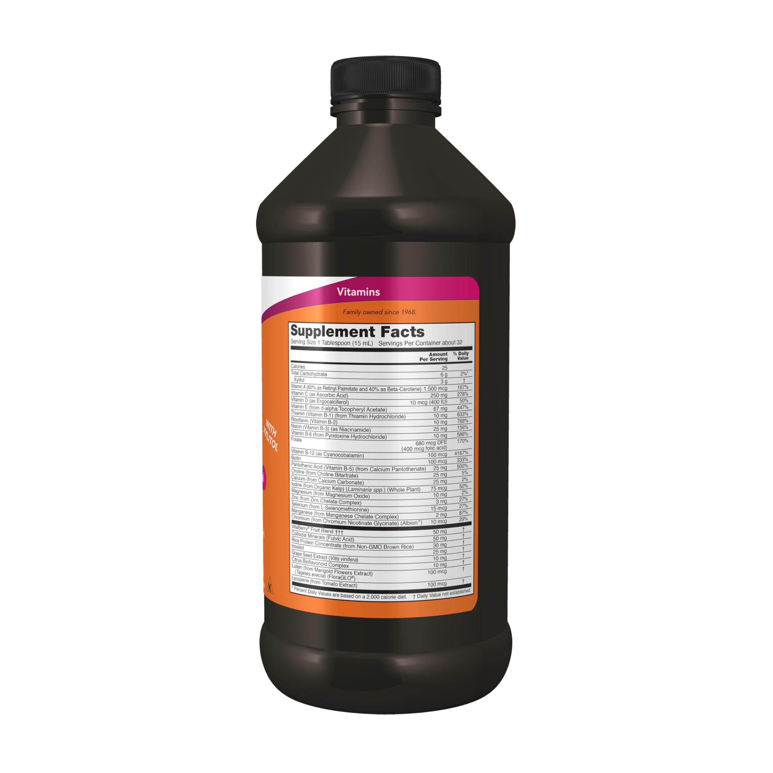 NOW Foods liquide multivitamine avec phytonutriments ajoutés et mélange fruits.