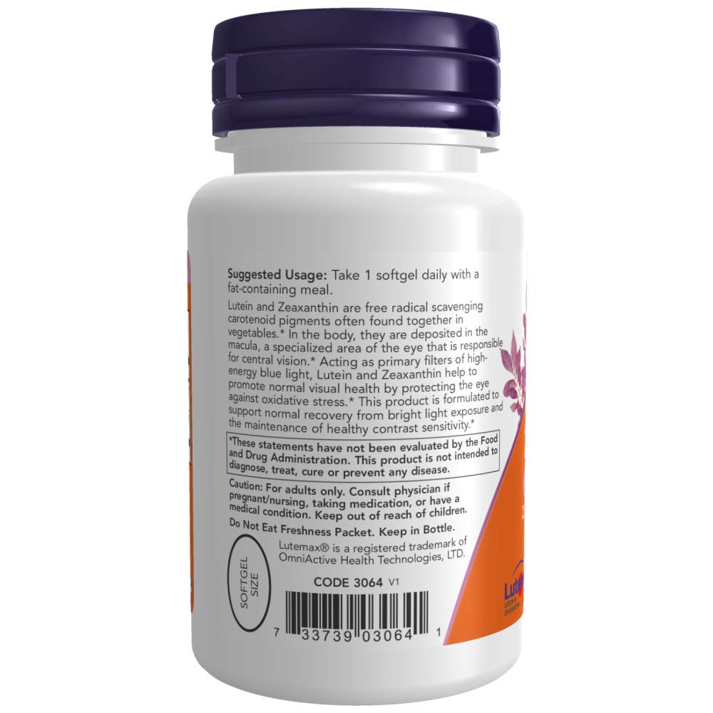 Capsule NOW Foods Lutéine-Zéaxanthine vue en gros plan