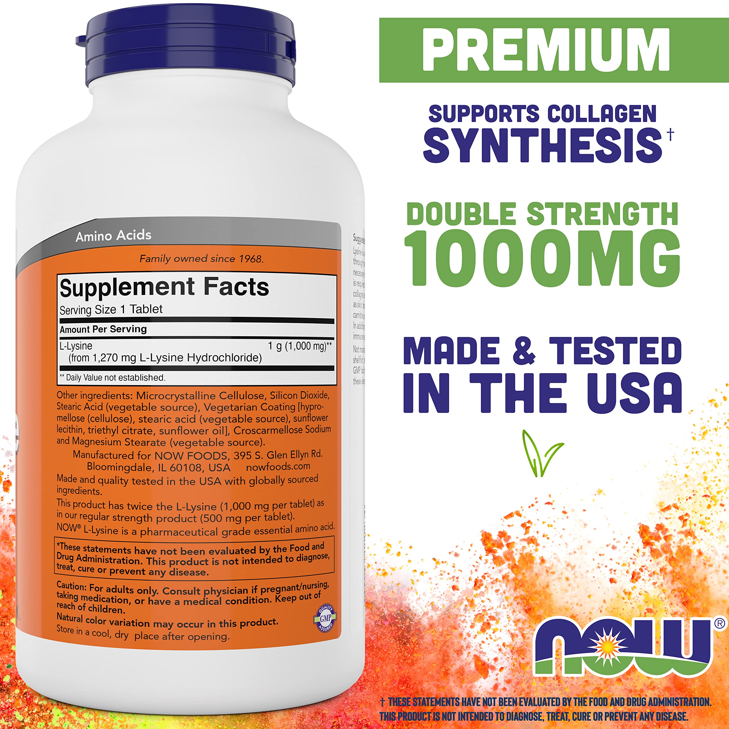 Boîte NOW Foods Lysine 1000 mg; 300 comprimés pour usage quotidien.