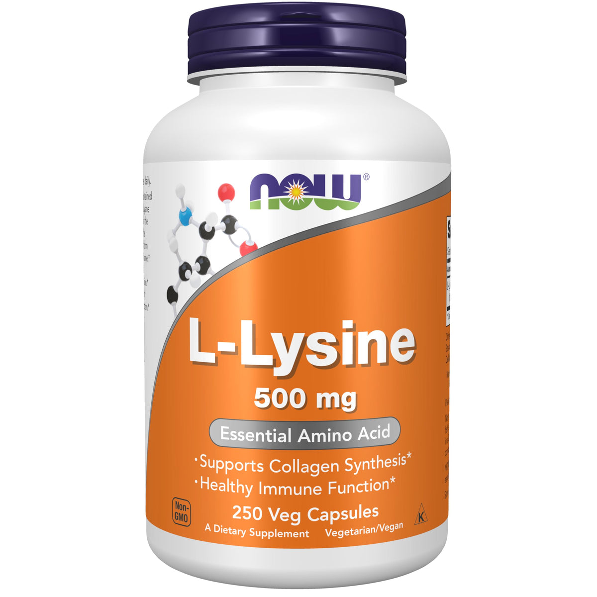 Now Foods L-Lysine 500 mg, bouteille de capsules, maintien des membranes cellulaires.