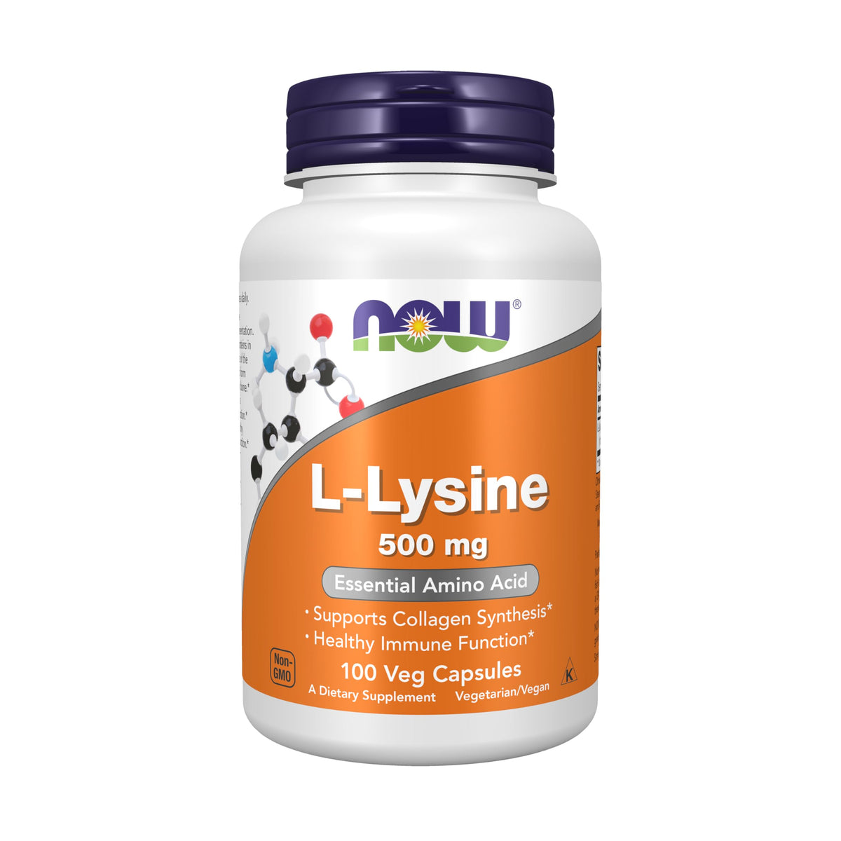 NOW Foods L-Lysine bouteille 500 mg avec posologie quotidienne suggérée