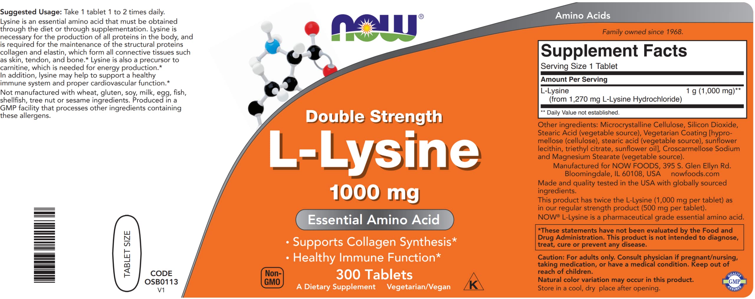 L-Lysine NOW Foods sans OGM; option végan pour complément nutritionnel.