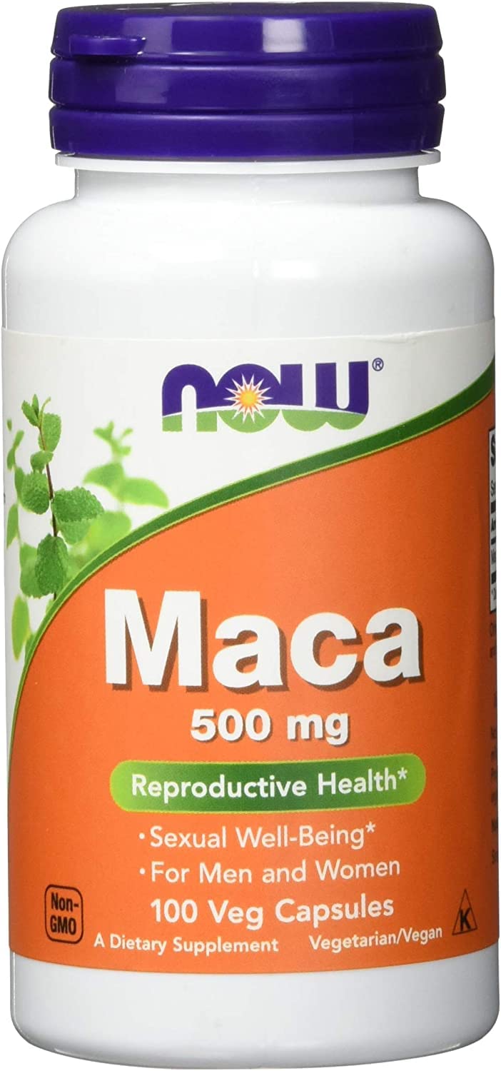 NOW Foods Maca 500 mg – boîte vegan, énergie naturelle potentielle.