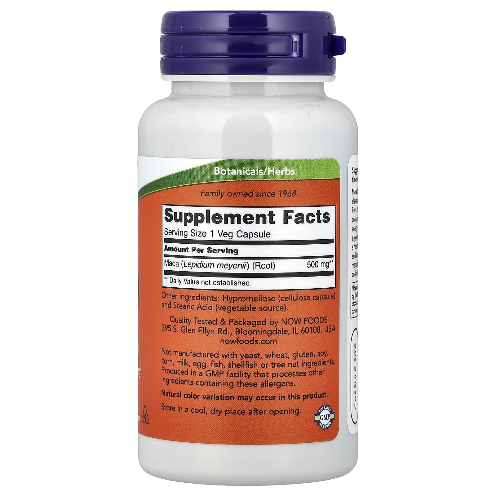 NOW Foods Maca 500 mg – conseils d’utilisation affichés, prise facile.