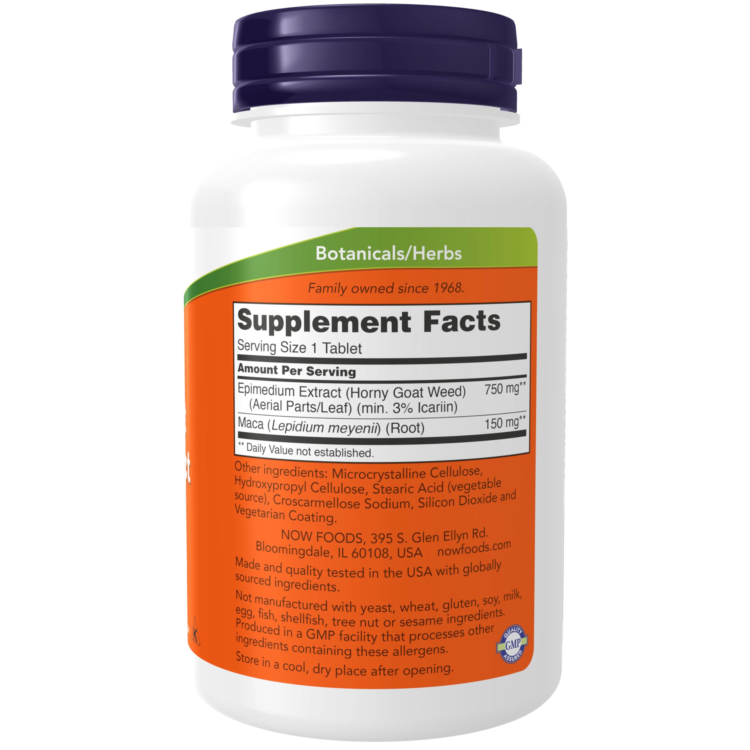 NOW Foods Maca Root comprimé ovale dans emballage, effet tonifiant possible.