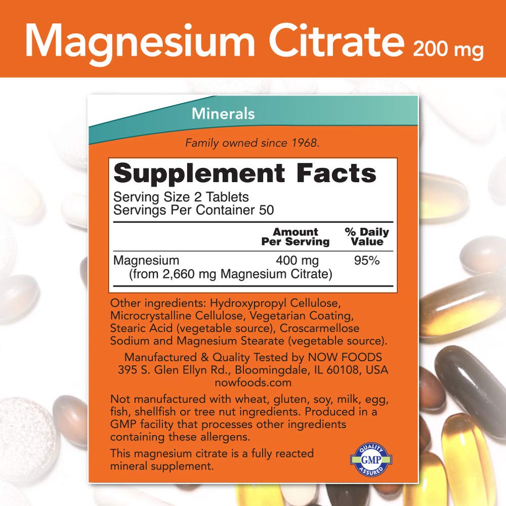 NOW Foods Magnésium Citrate: comprimés en gros plan, dose pratique