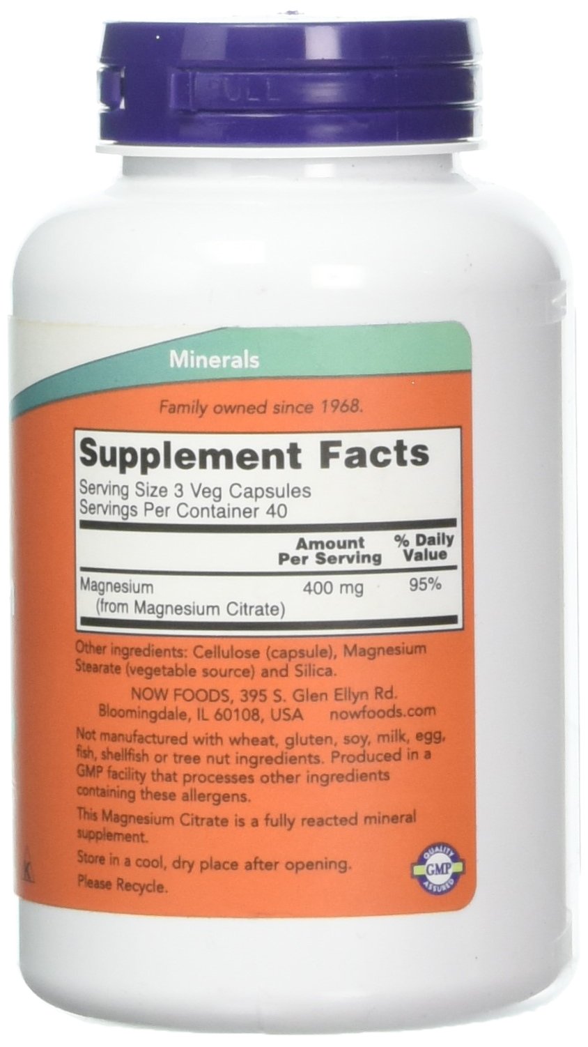 Capsules magnésium citrate Now Foods, vue de boîte, soutien des transmissions nerveuses.