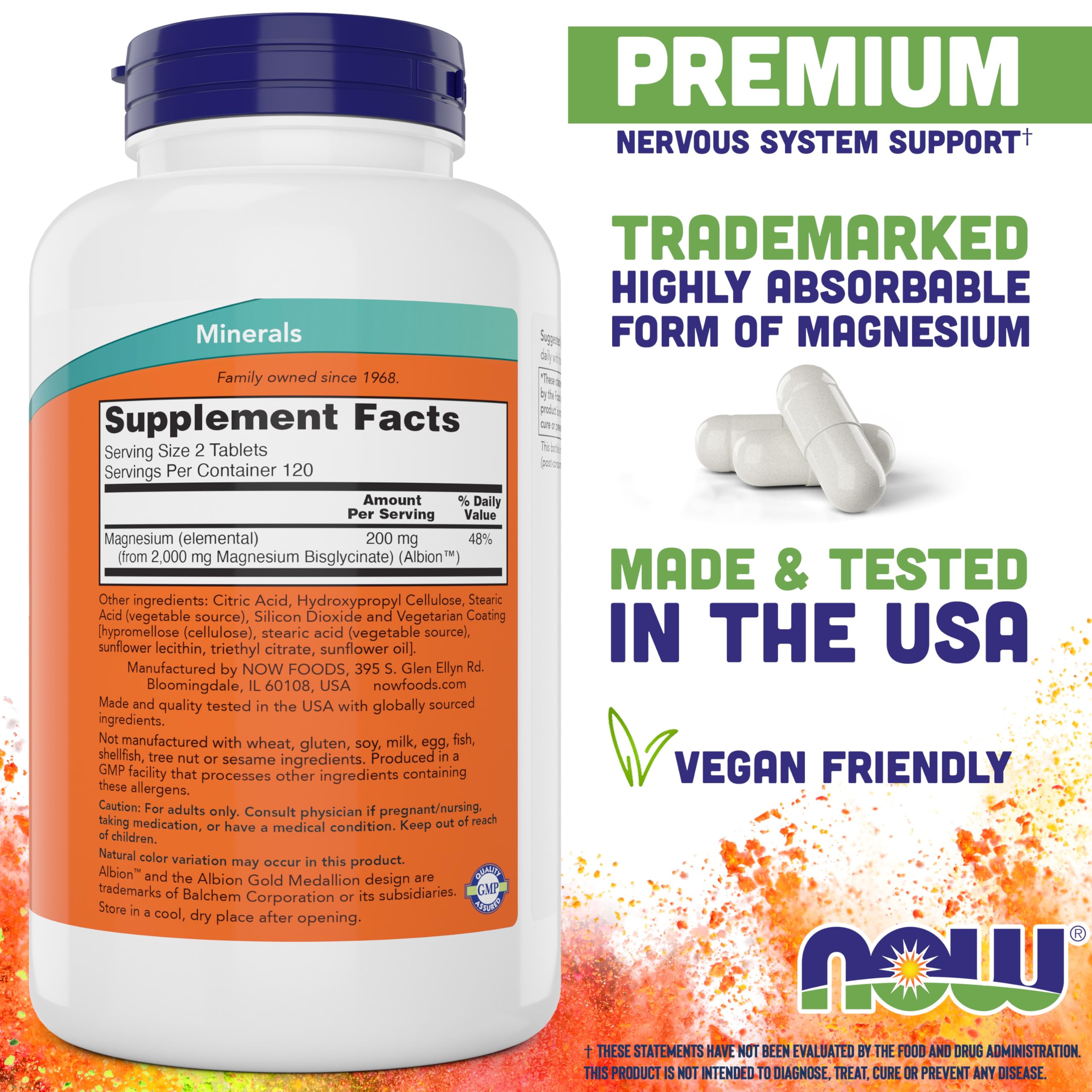 NOW Foods Magnésium Glycinate – étiquette claire, sans OGM et formulation premium.