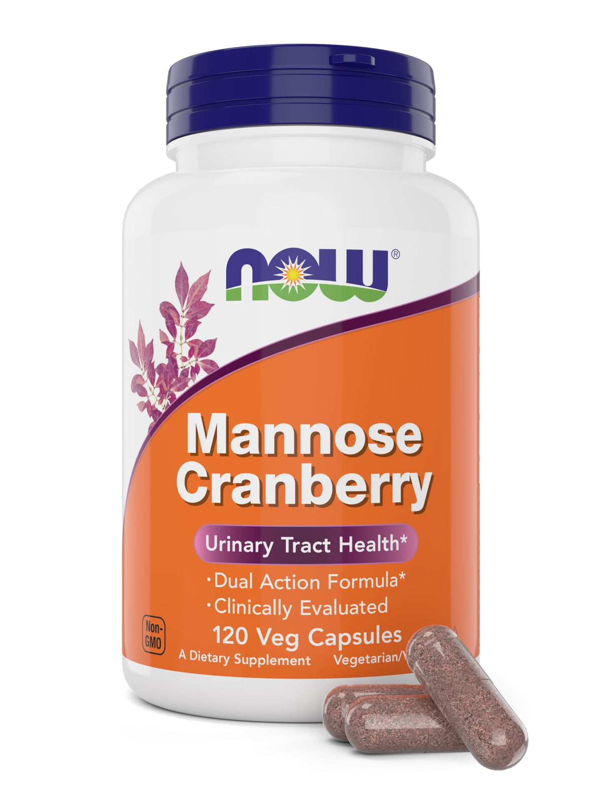 NOW Foods Mannose Cranberry: capsules visibles dans la bouteille, usage quotidien possible.