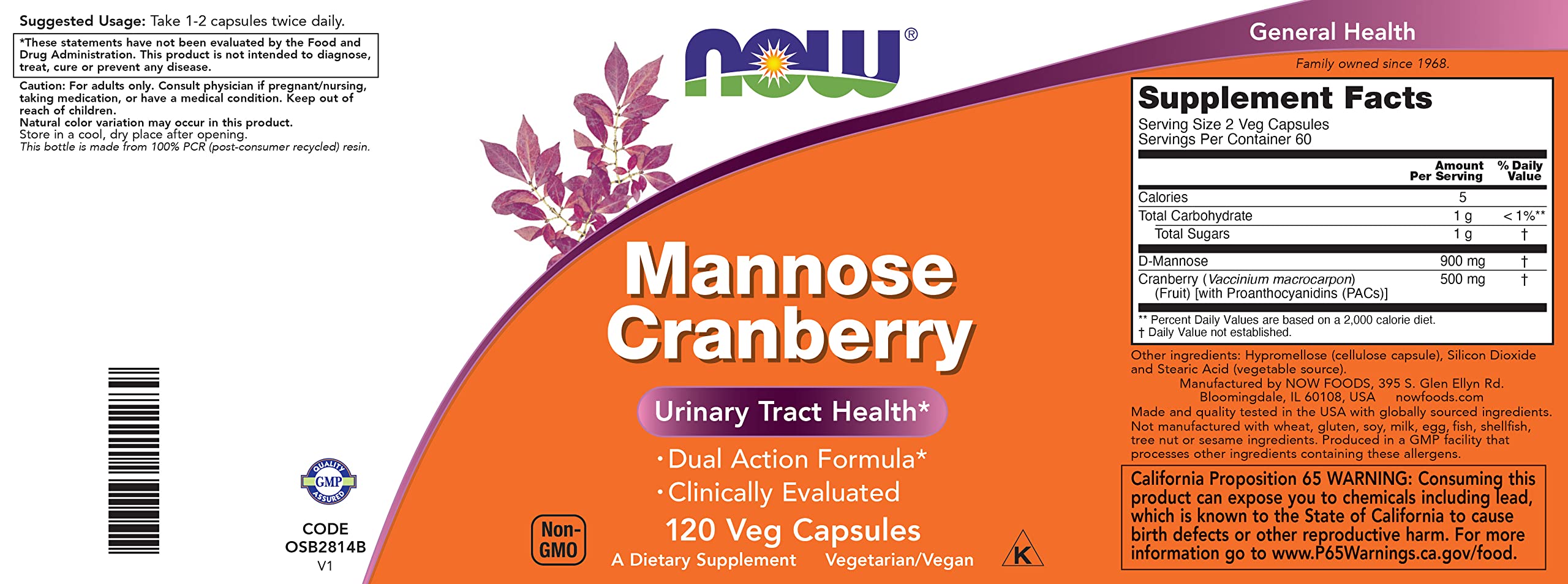 Emballage NOW Foods Mannose Cranberry mettant en avant l’aspect écoresponsable.