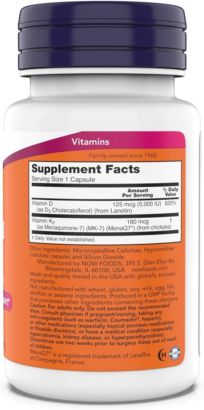 NOW Foods Mega D-3 MK-7, gros plan sur l'étiquette montrant D-3 et K-2 pour la santé osseuse.