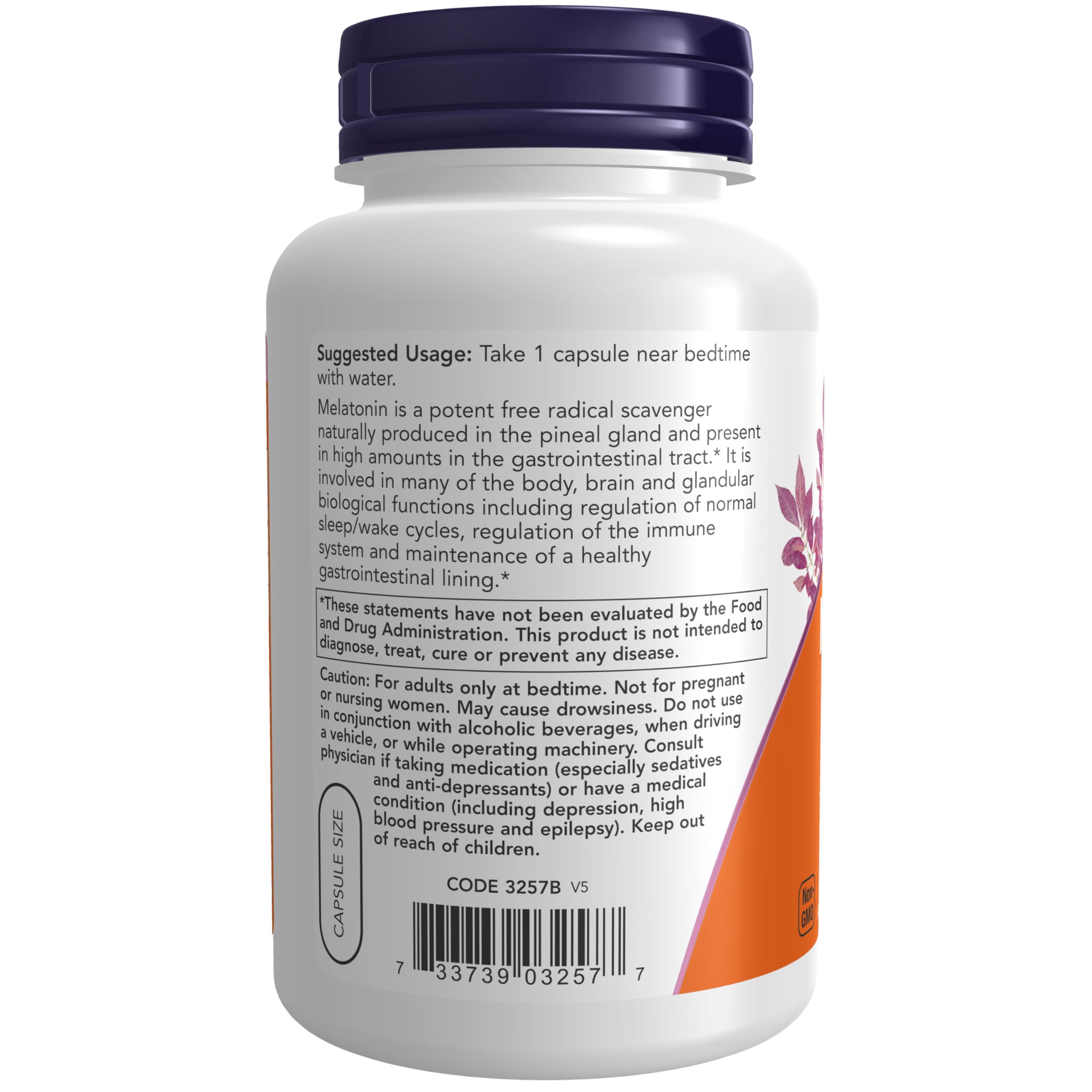 Étiquette NOW Foods mélatonine 3 mg, présentation claire et dosage accessible