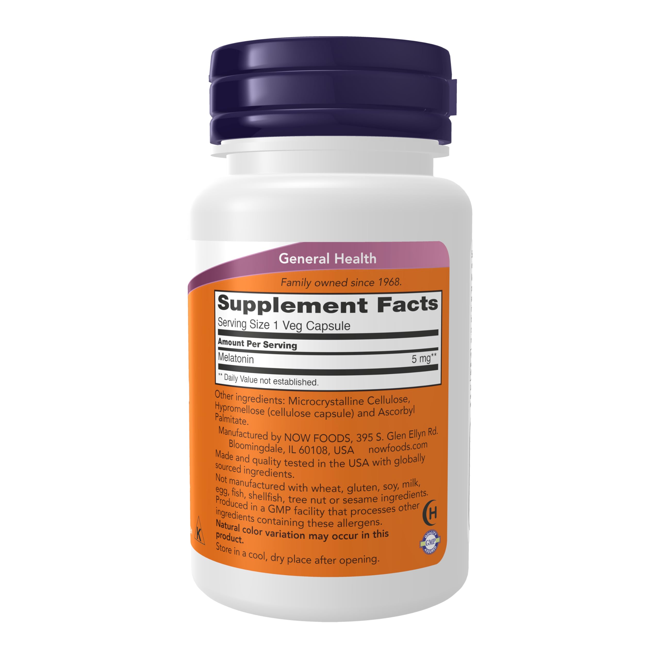 NOW Foods Mélatonine 5 mg : étiquette et flacon, soutien potentiel au sommeil nocturne