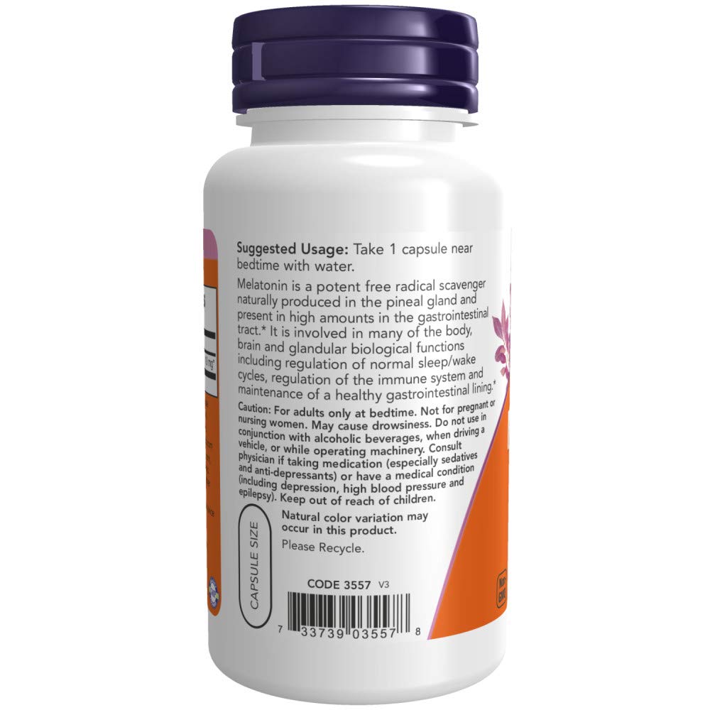 Étiquette NOW Foods Mélatonine Force Max 10 mg, accès rapide au dosage quotidien.
