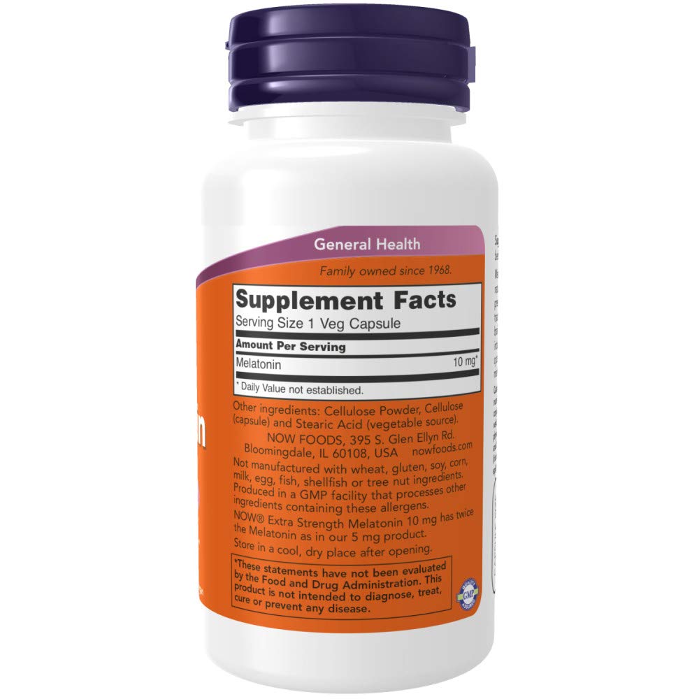 NOW Foods Mélatonine Force Max 10 mg, paquet de deux bouteilles, pratique pour l’utilisation nocturne.