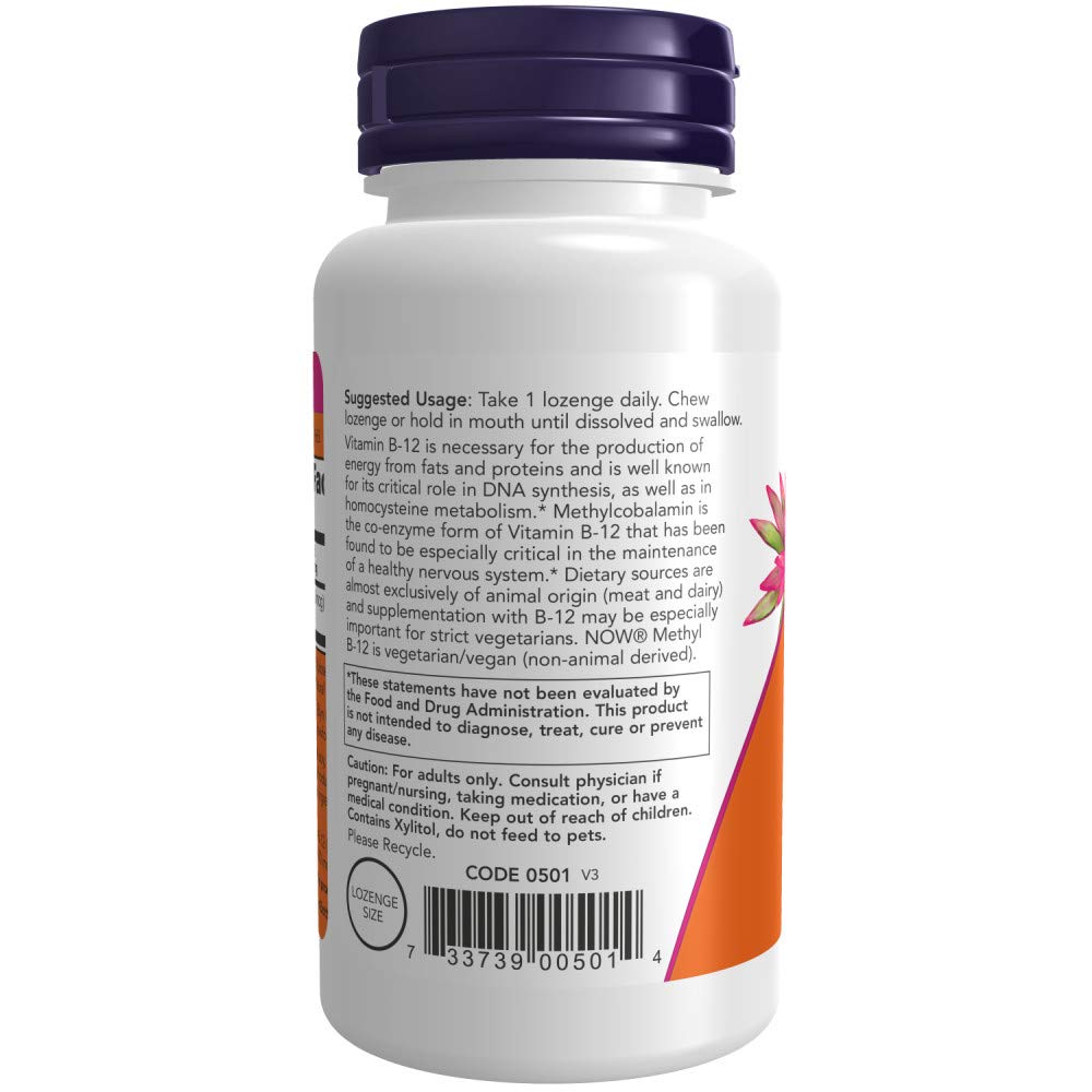 Étiquette NOW Foods Methyl B-12 10000 mcg, format vegan pour végétariens.