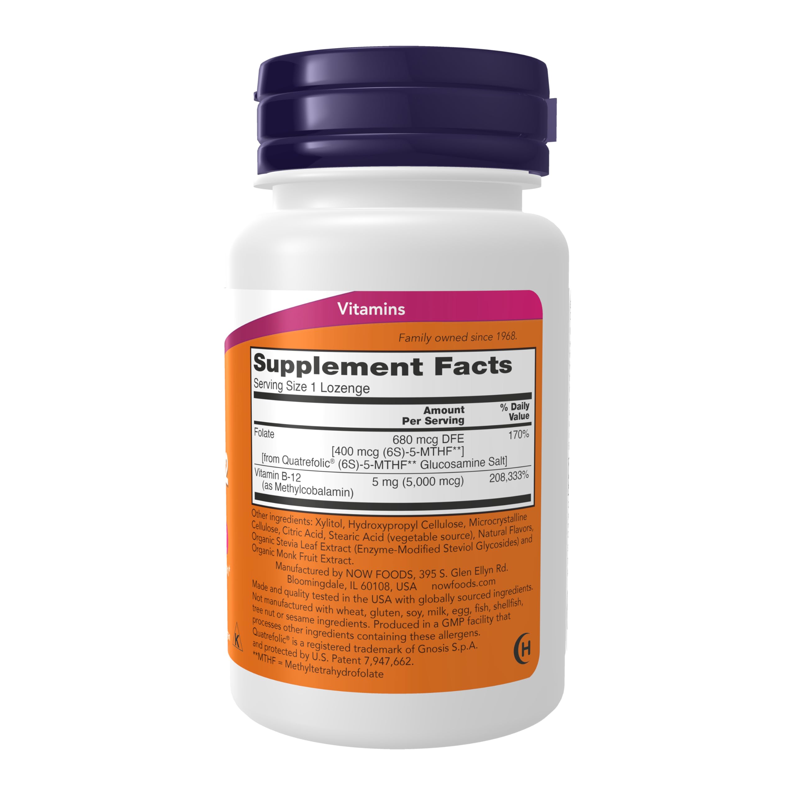 NOW Foods Methyl B-12 lozenges étiquettes visibles, soutien métabolisme naturel