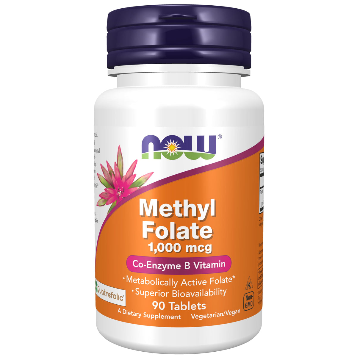 NOW Foods Methyl Folate – bouteille recto, facilité d'utilisation au quotidien.