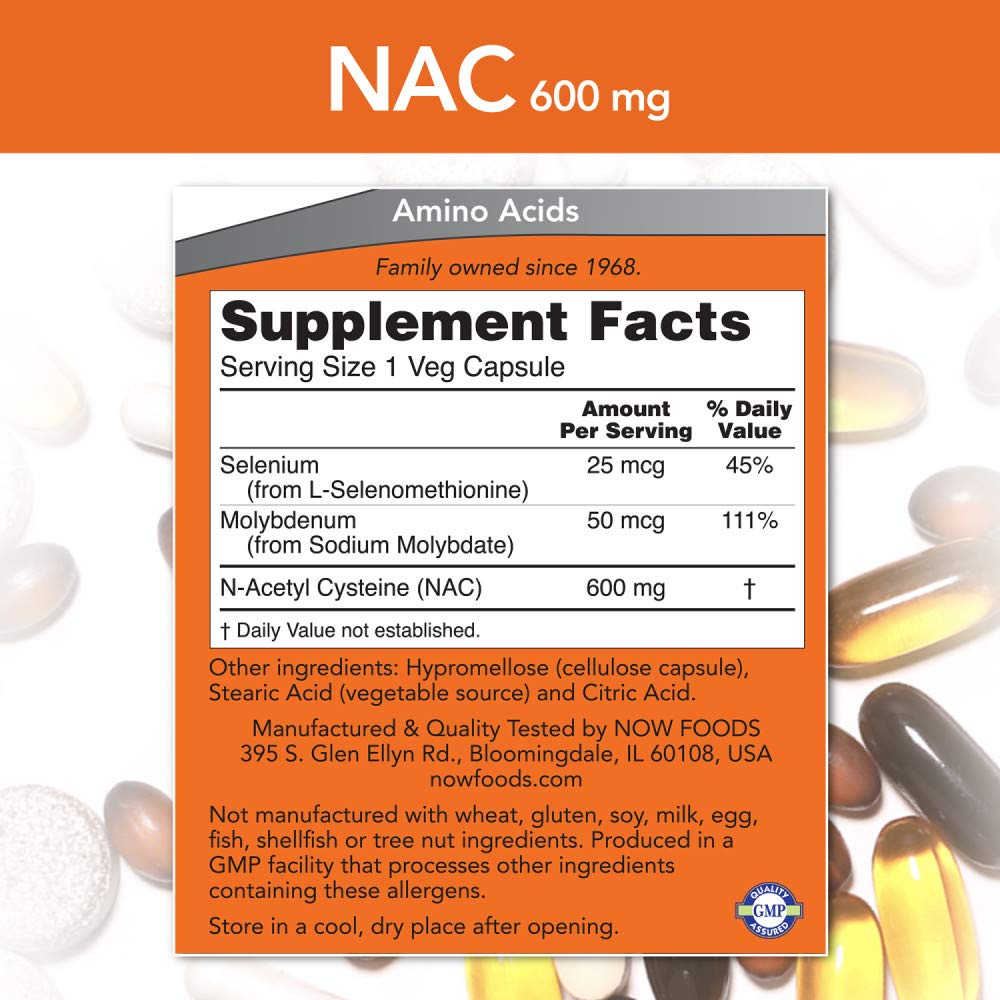 NOW Foods NAC 600mg - Composition: inclut sélénium et molybdène pour les enzymes.