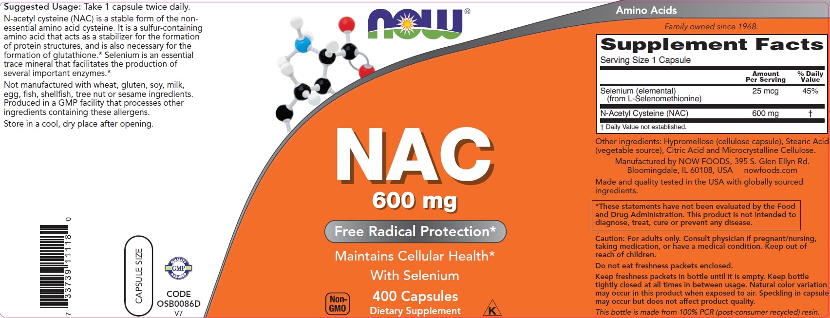 NOW Foods NAC 600 mg - emballage clair avec informations et bénéfices potentiels.