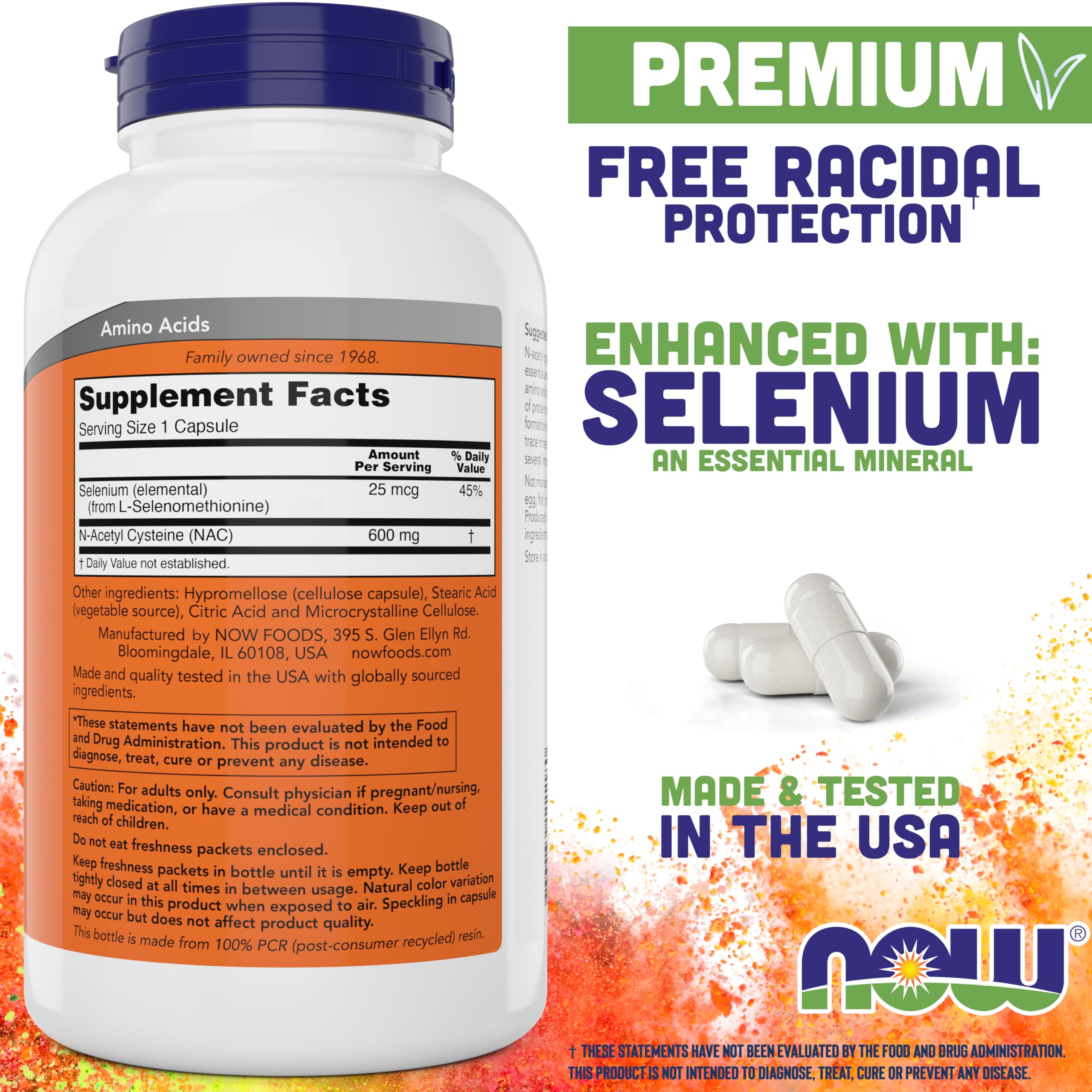 NOW Foods NAC 600 mg - étiquette mentionnant le selenium pour un apport minéral essentiel.