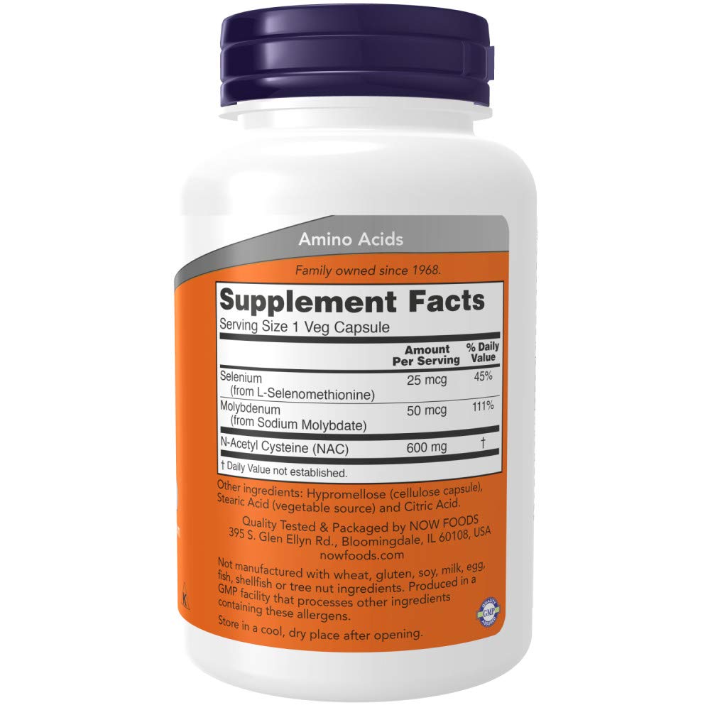 NOW Foods NAC 600mg - Etiquette: informations claires sur la composition et dosage.