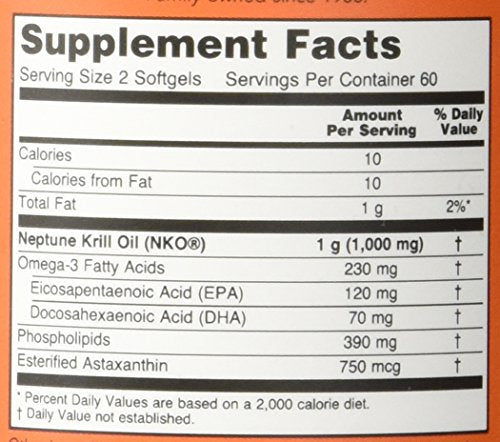 NOW Foods Neptune Krill Oil, étiquette démontrant qualité et durabilité du produit.