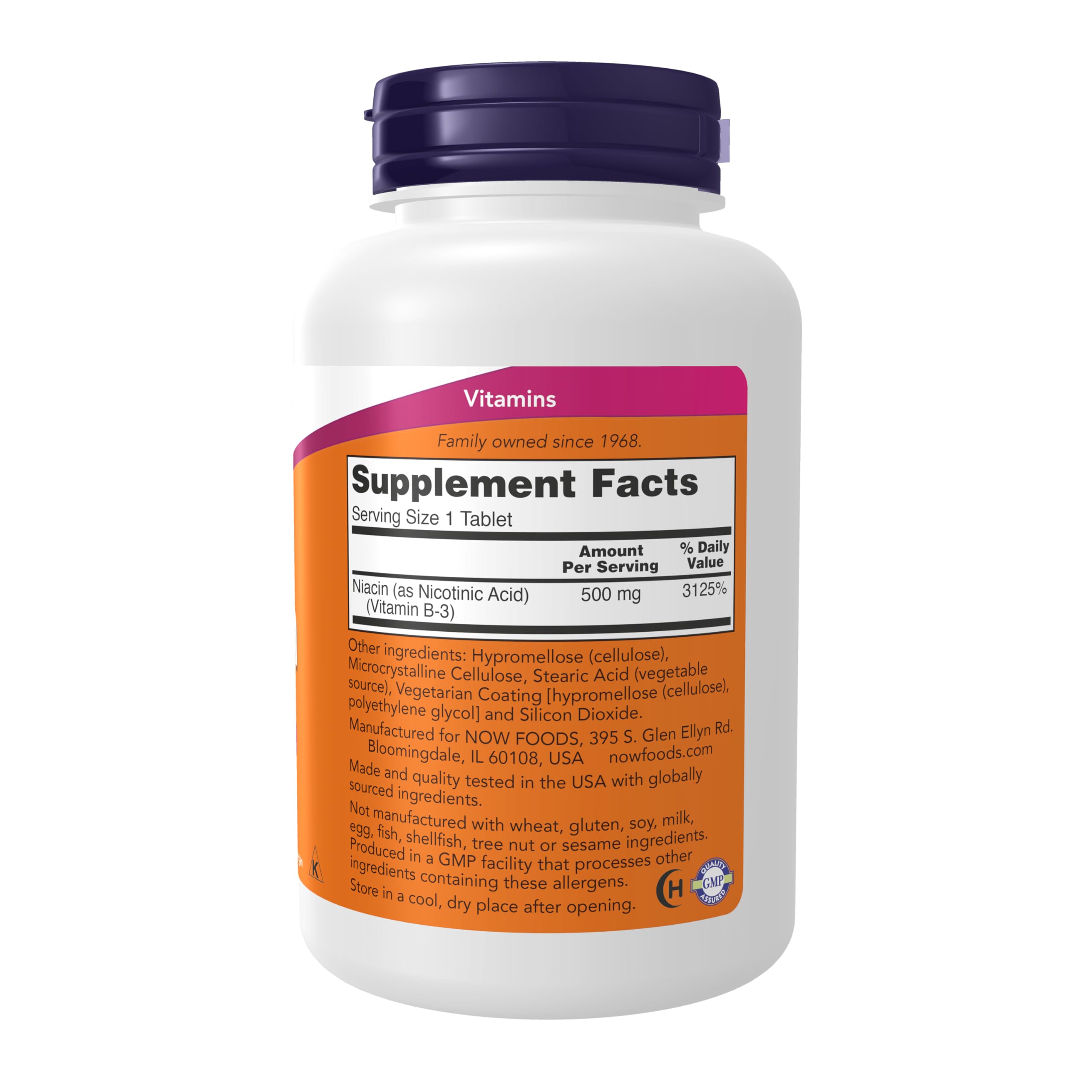 Étiquette NOW Foods Niacin 500 mg — informations claires et traçabilité des ingrédients.